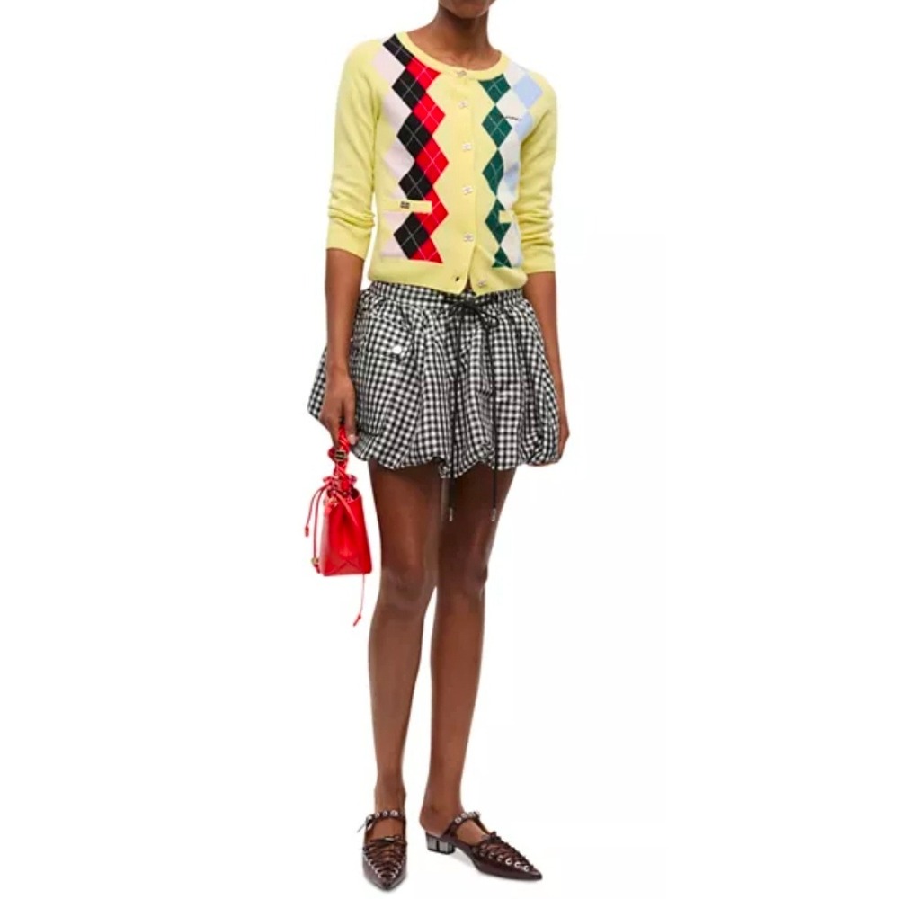 $237 Ganni Yellow Argyle Cardigan Embroidered Logo Button Front Sweater Womens